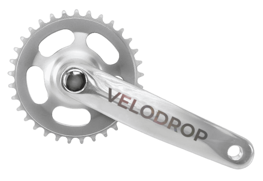 An illustrated graphic of a silver crankarm labeled "Velodrop" seamlessly connecting to a realistic silver chainring.